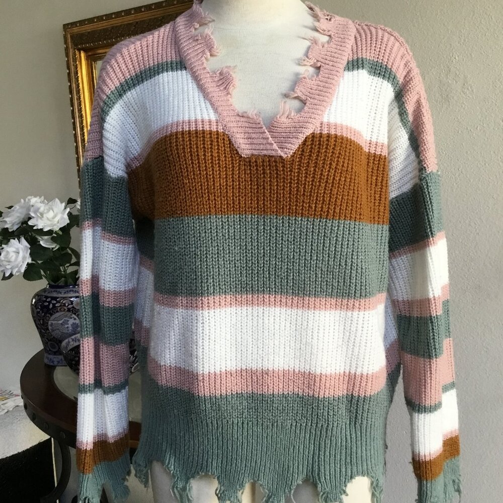 MADE WITH LOVE  Stripped Ribbed Sweater Pullover Fringed Long Sleeve V Neck 1X